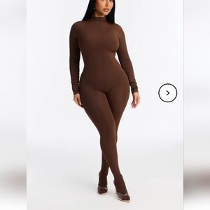 Francesca Mock Neck Footed Catsuit - Chocolate Brown Long-Sleeve Jumpsuit, M